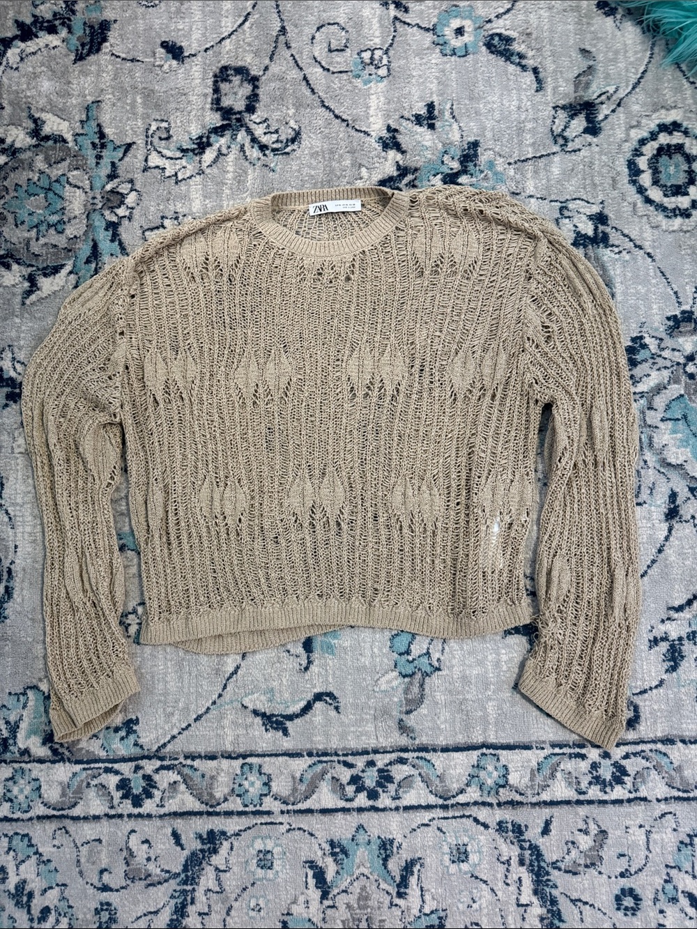 Zara Open-Knit Scoop Neck Sweater in Beige/Tan